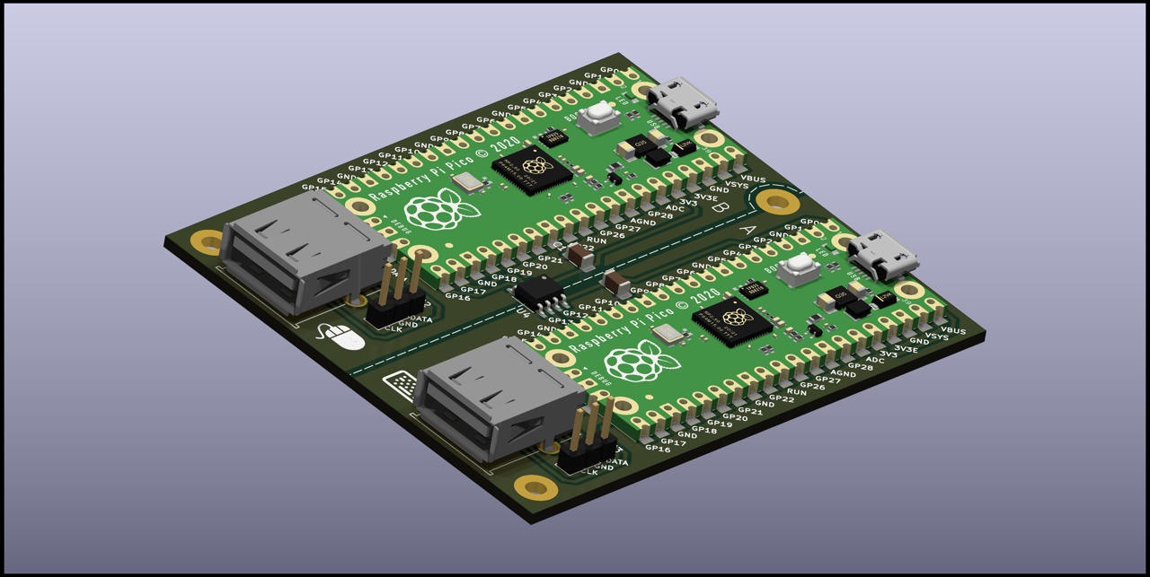 HopKVM printed circuit board 3D render with USB ports